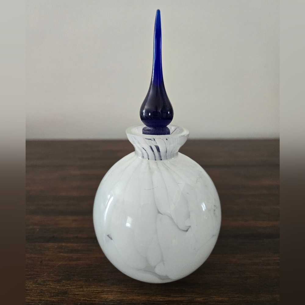 VTG 90s Art Glass White Cloud Swirl Hand Blown Glass Perfume Fragrance Bottle